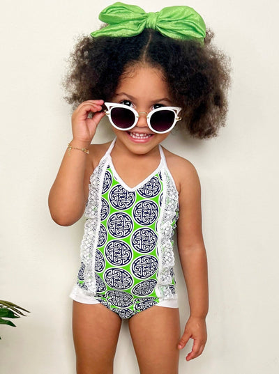 One Piece Girls Swimsuit | Medallion Print Lace Ruffled Swimsuit