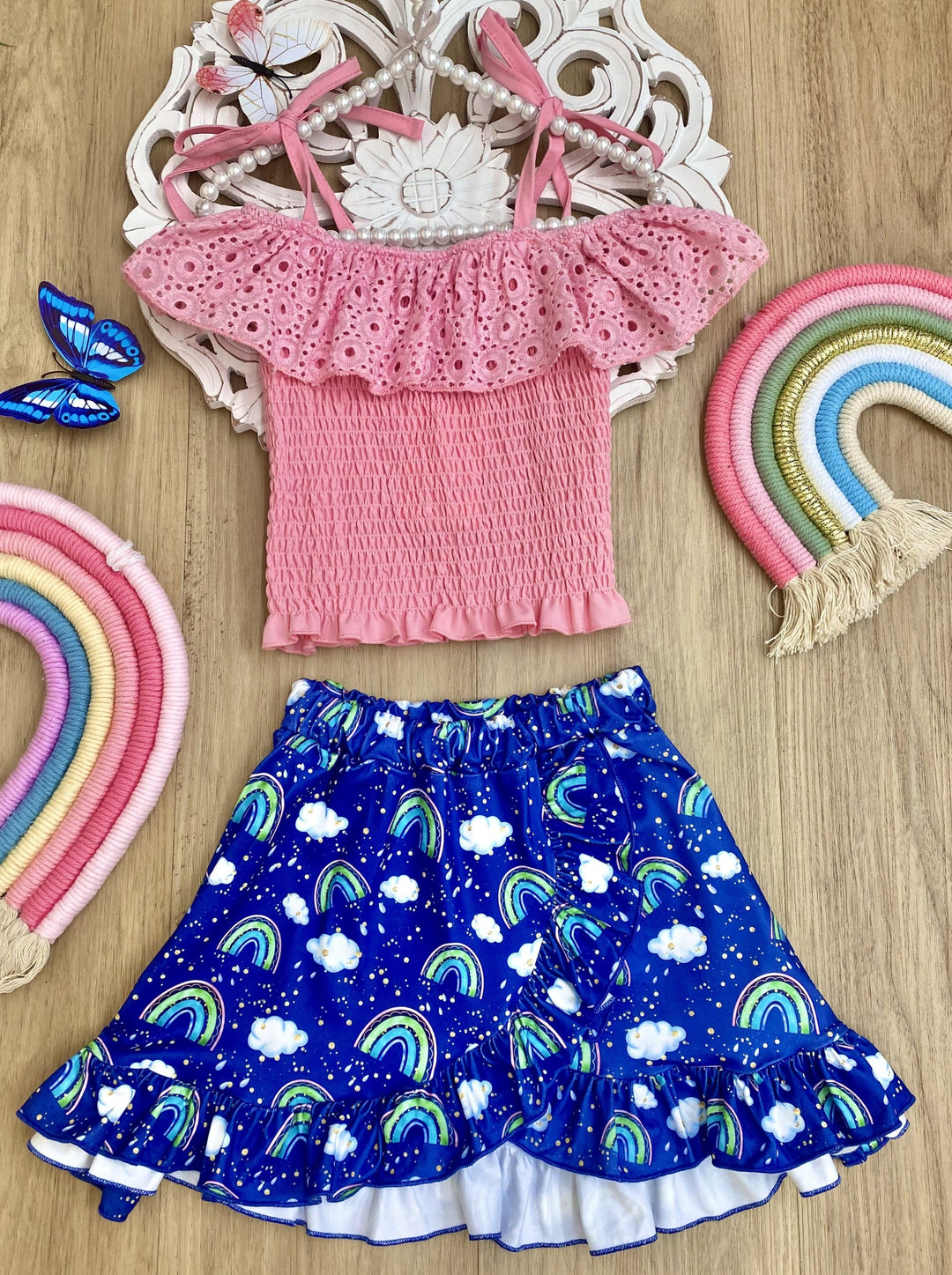 Kids Spring Clothes | Girls Pink Smocked Top & Rainbow Skirt Set – Mia ...