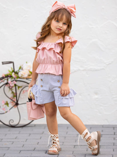 Toddler Spring Outfits | Girls Stylish Peplum Top & Stripes Shorts Set