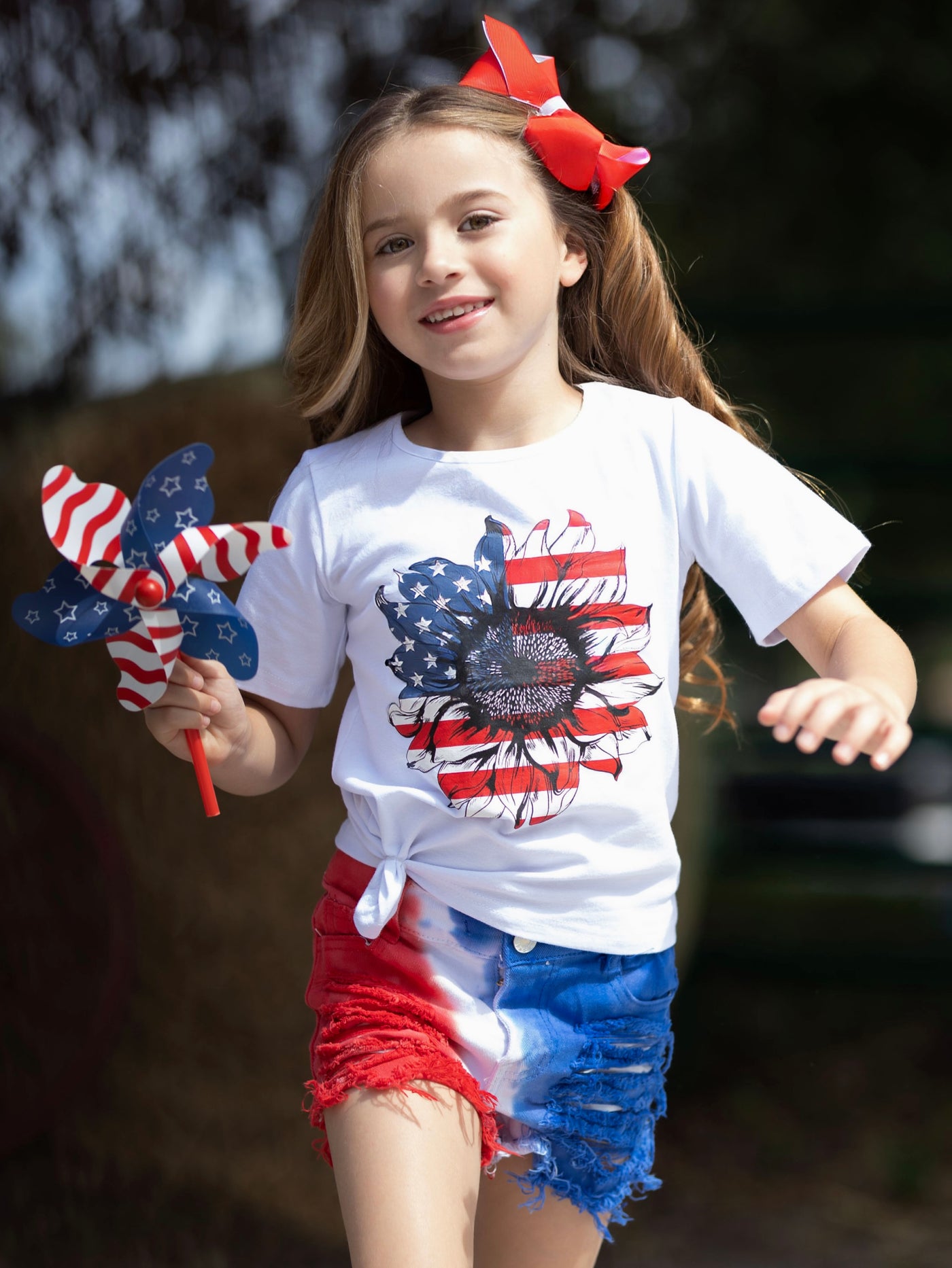 Girls 4th of July Outfits | US Flower Top & Tie Dye Denim Shorts Set