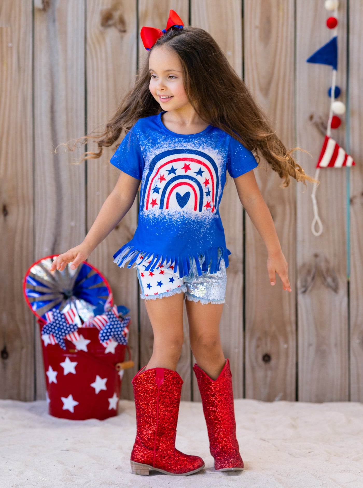 Girls 4th of July Outfits | Americana Fringed Top & Denim Shorts Set