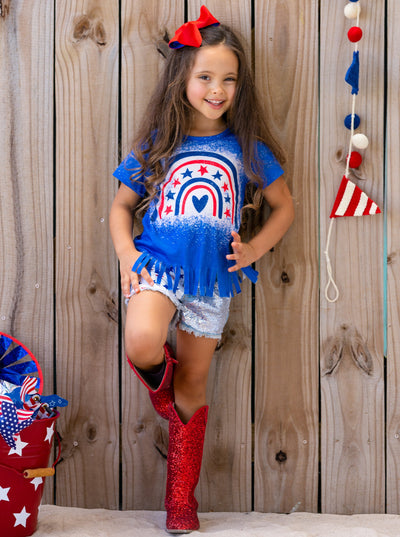 Girls 4th of July Outfits | Americana Fringed Top & Denim Shorts Set