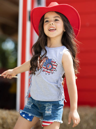 Girls 4th of July Outfits | US Pride Fringed Top & Denim Shorts Set