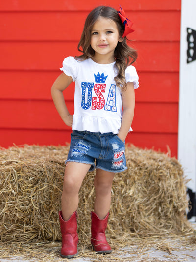 Girls 4th of July Outfits | USA Sequin Top & Patched Denim Shorts Set