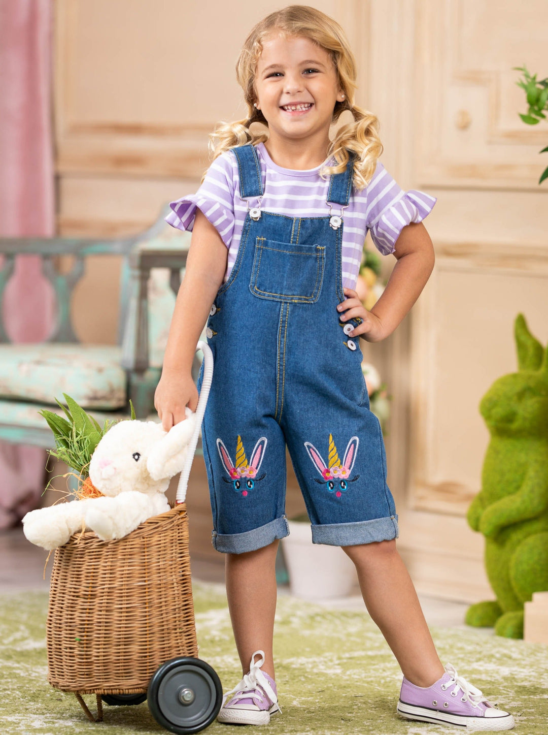Girls Unicorn Bunny Top with Denim Overall Capris Set - Mia Belle Girls