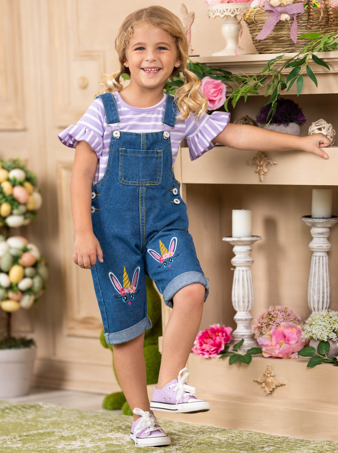 Girls Unicorn Bunny Top with Denim Overall Capris Set - Mia Belle Girls