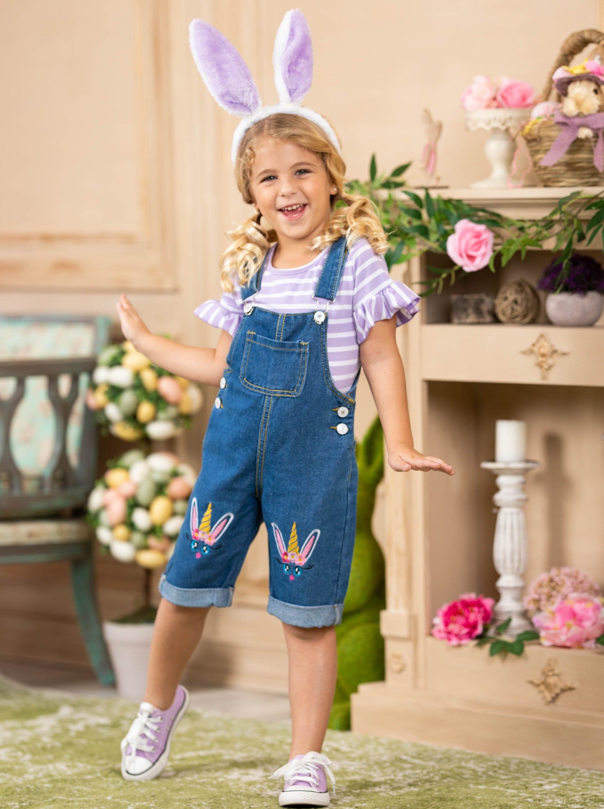 Girls Unicorn Bunny Top with Denim Overall Capris Set - Mia Belle Girls