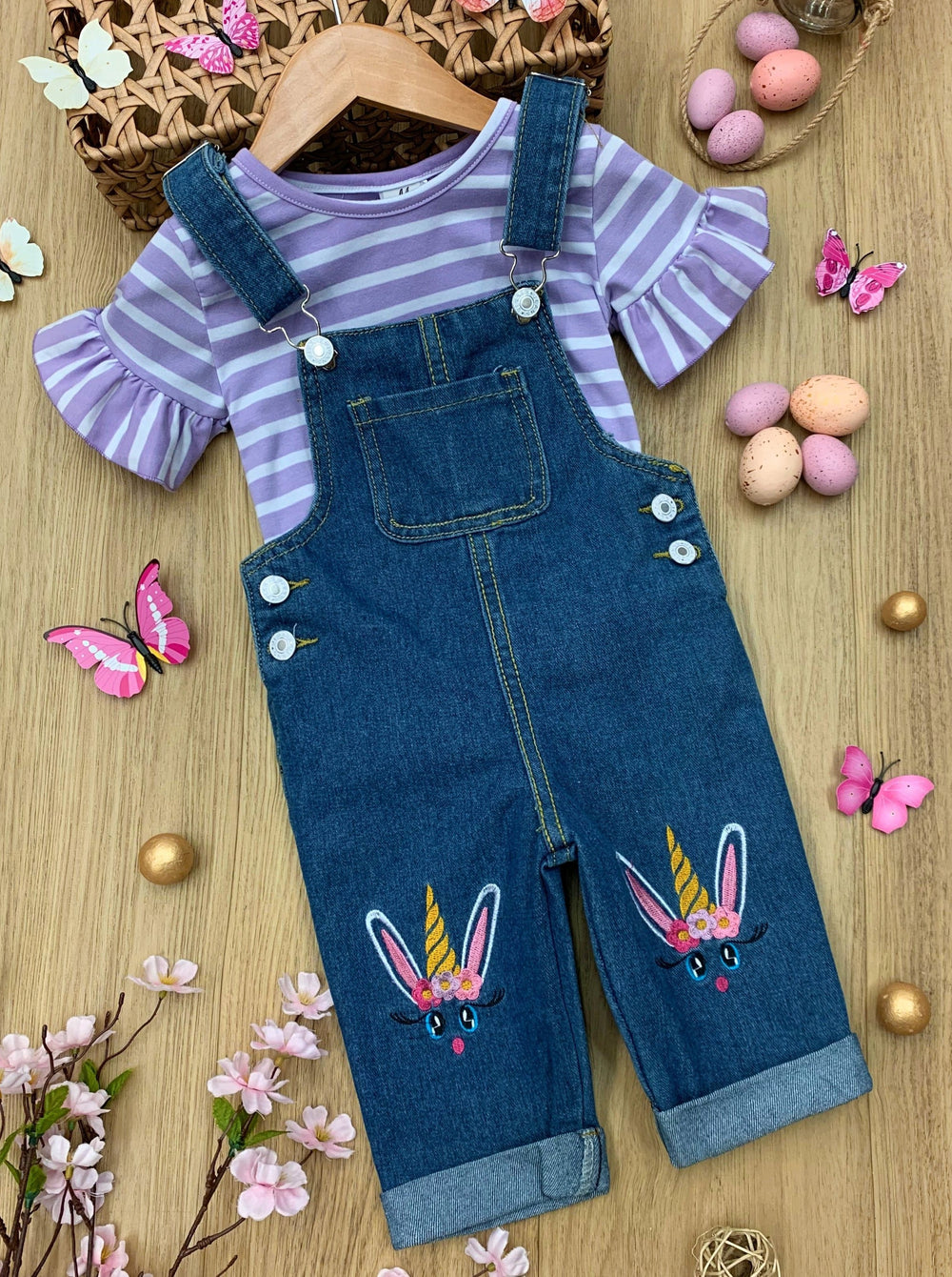 Girls Unicorn Bunny Top with Denim Overall Capris Set - Mia Belle Girls