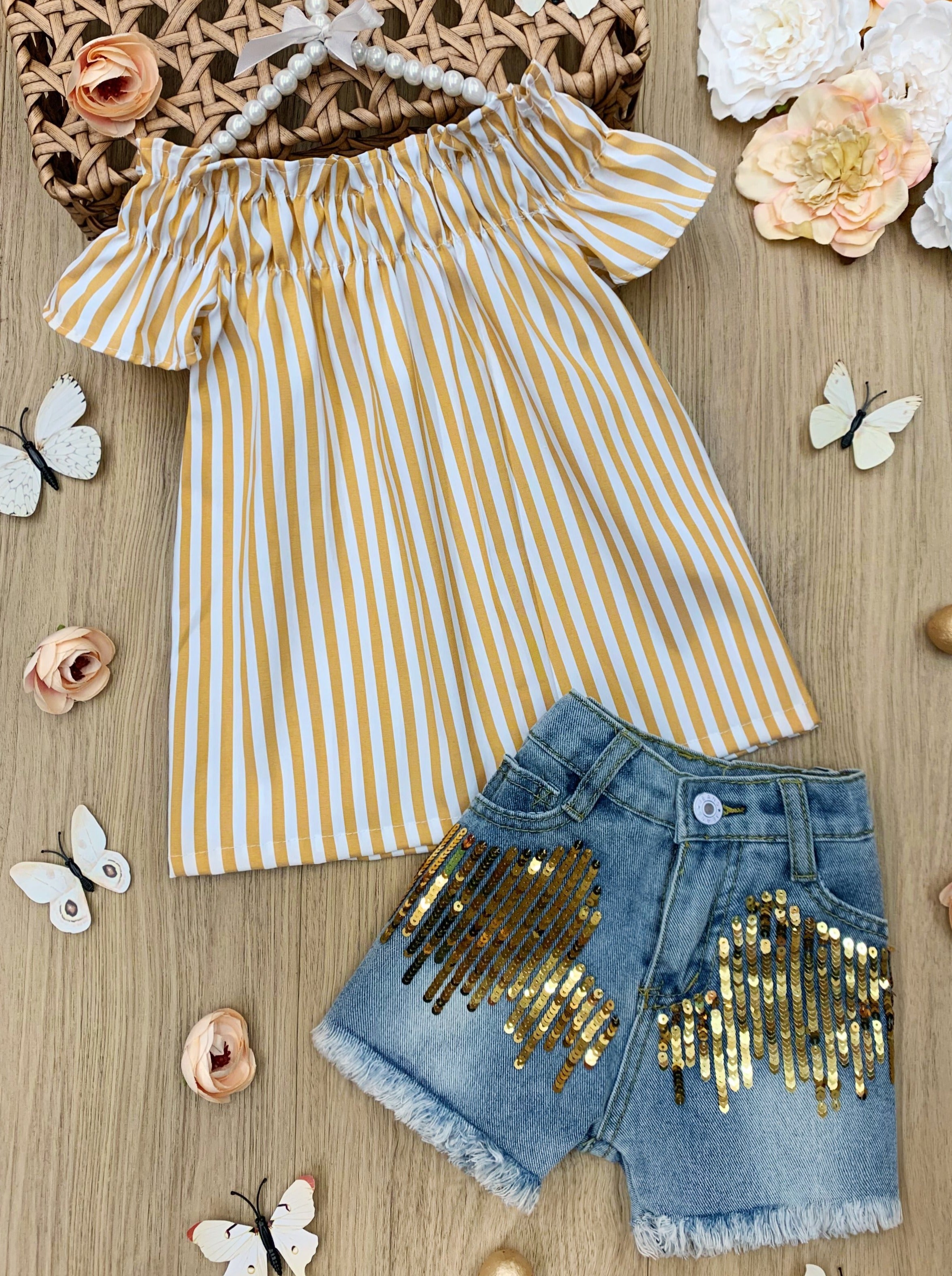 Toddler Spring Clothes | Girls Striped Top & Sequin Denim Short Set ...