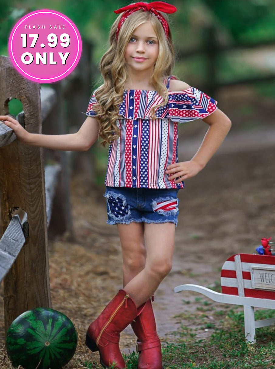 Stars and Stripes Patched Denim Shorts Set