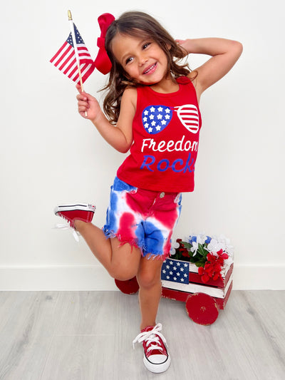 Girls 4th of July Sets | Freedom Rocks Top & Tie Dye Denim Shorts Set