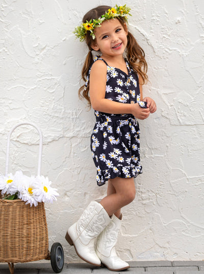 Cute Toddler Outfit | Girls Boho Spring Daisy Belted Ruffle Romper