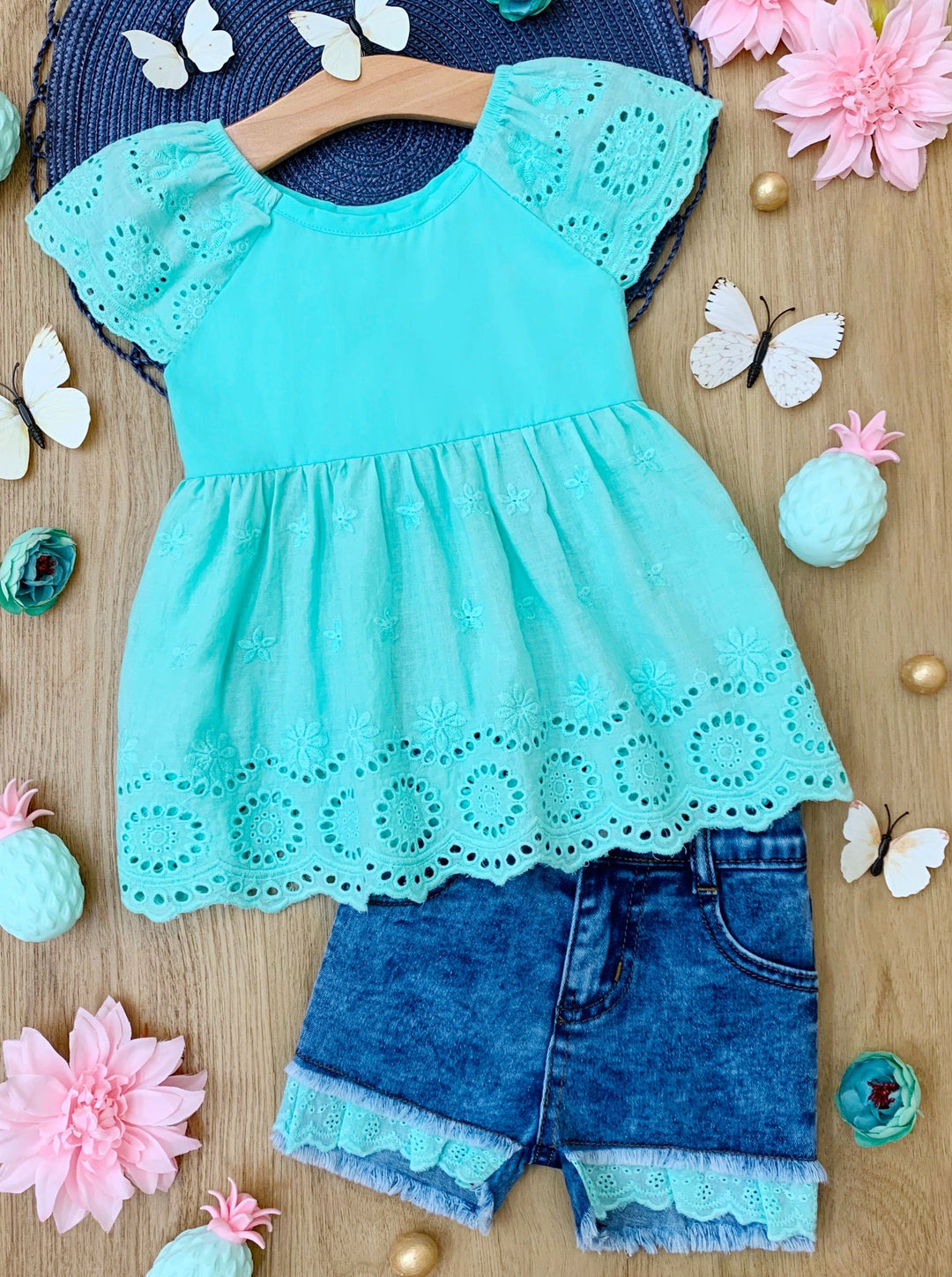Girls Spring Outfits | Toddler Eyelet Ruffle Top & Denim Shorts Set ...