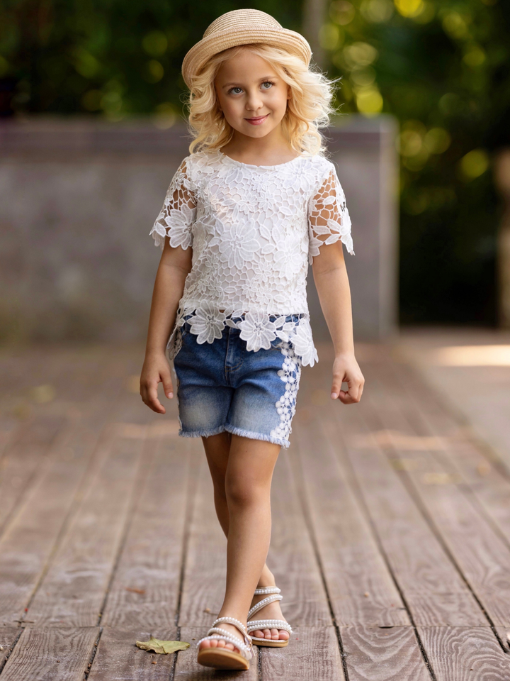 Lovely In Lace White Top and Denim Short Set