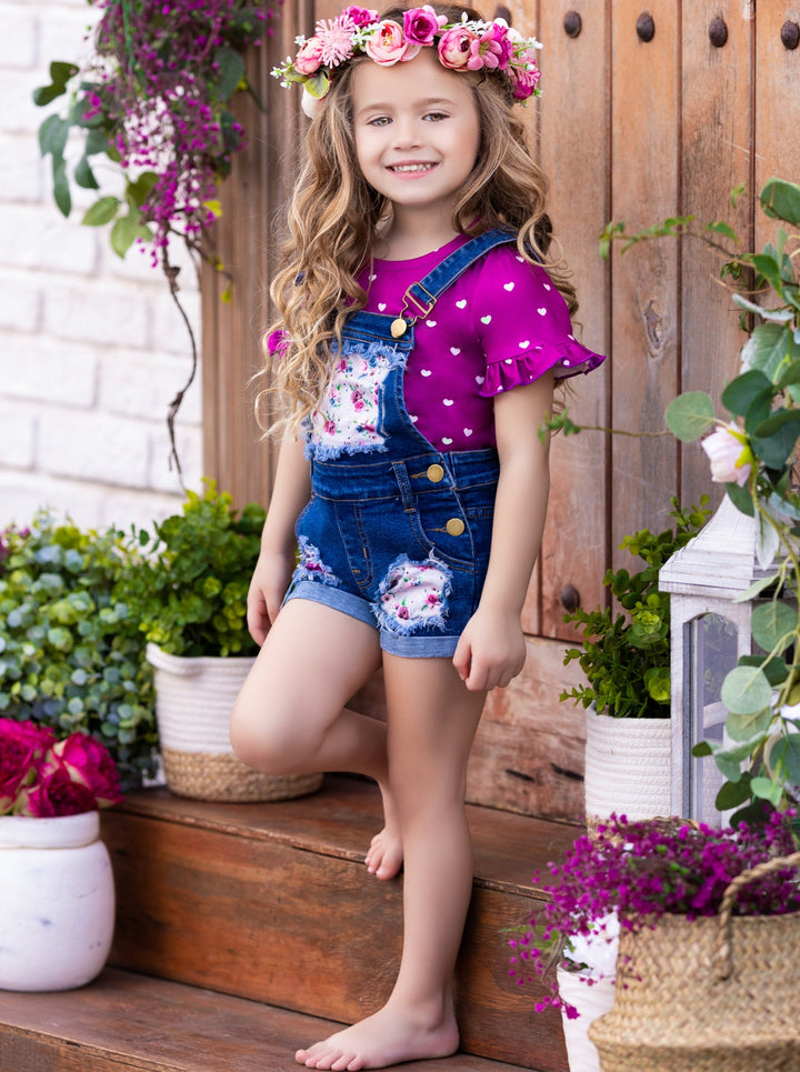 Awesome Blossom Top & Patched Denim Overalls Set - Spring Casual Set - Mia Belle Girls