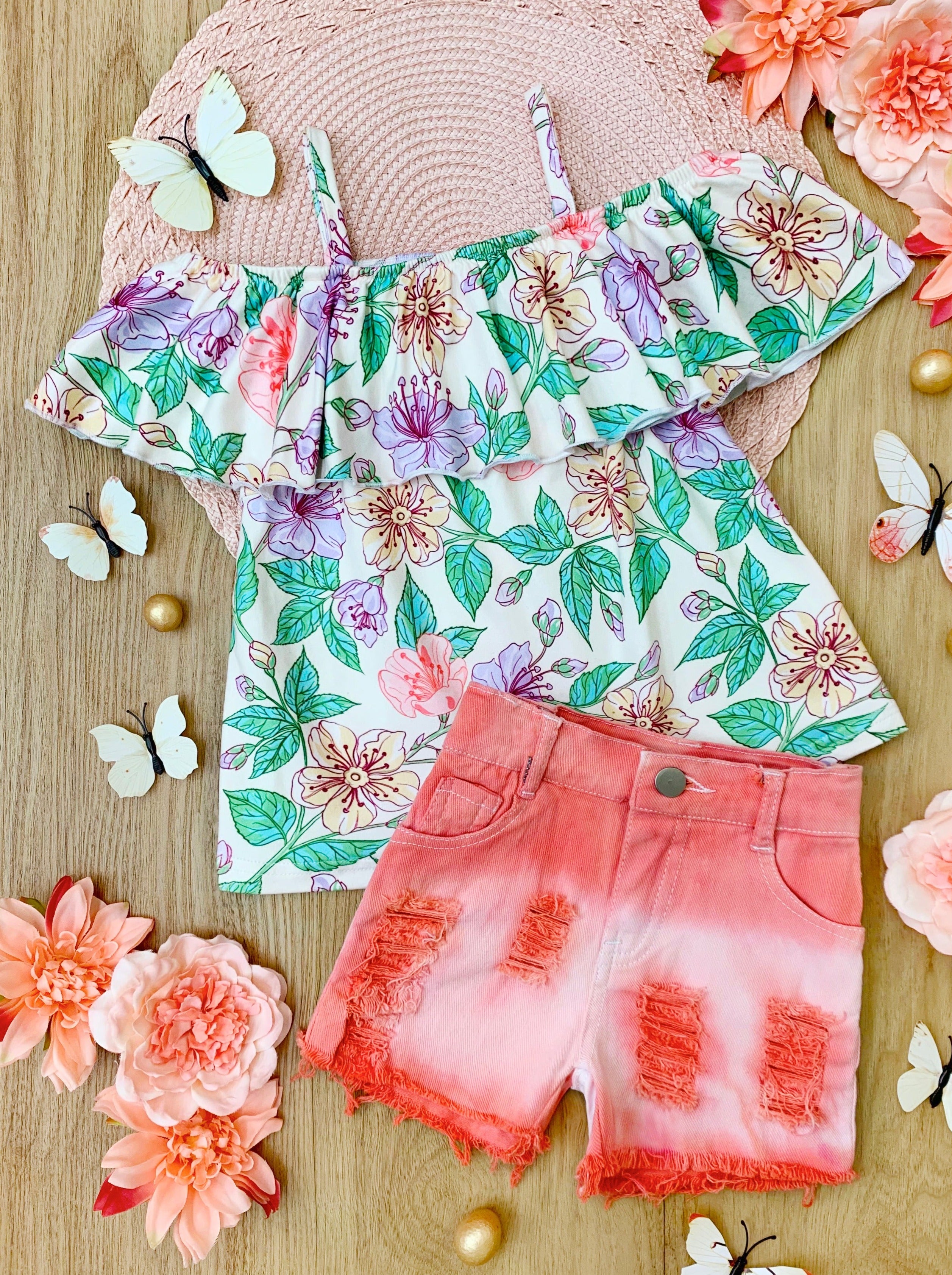 Kids Spring Clothes | Girls Floral Top & Peach Ombre Denim Shorts Set ...