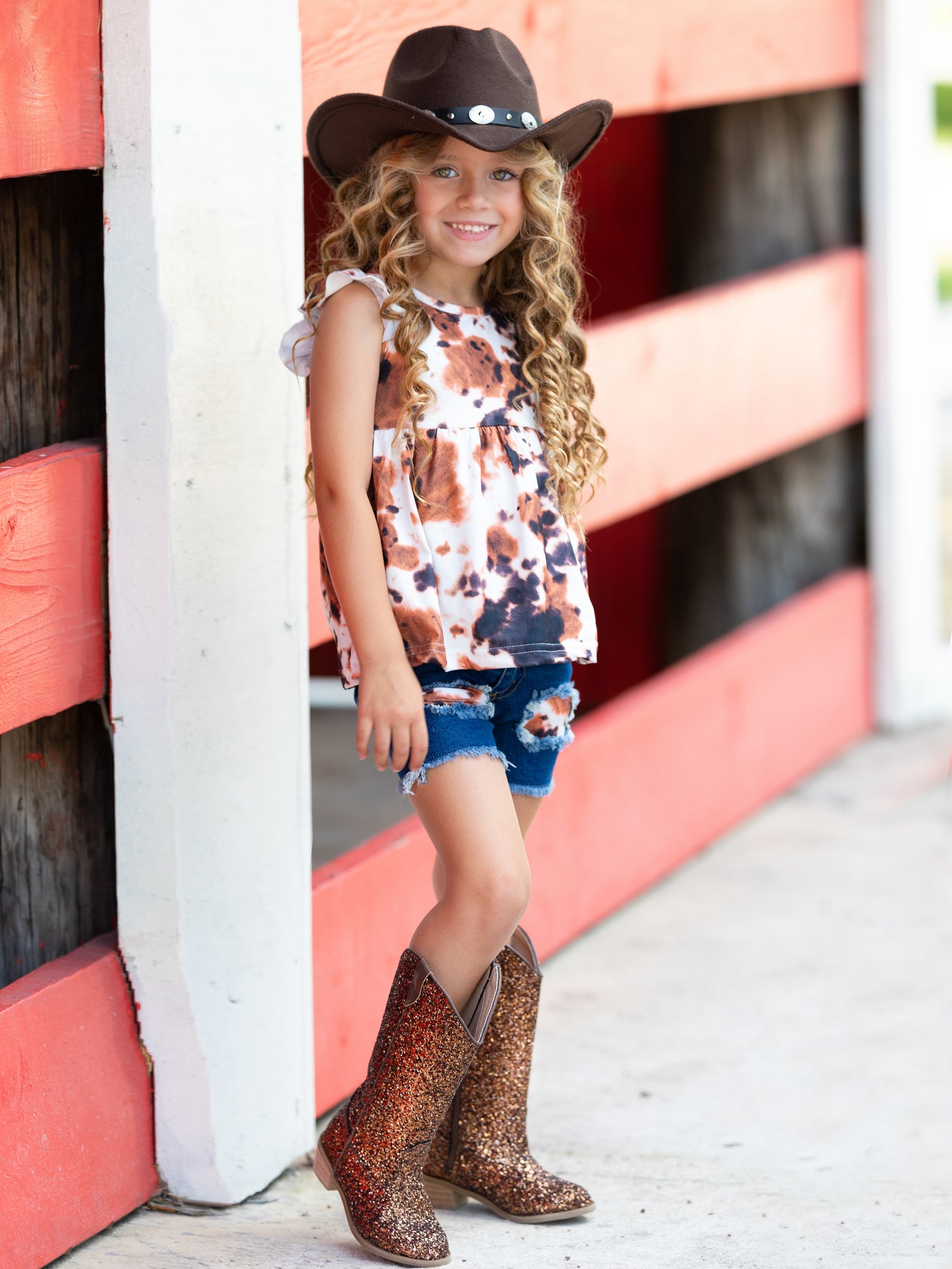 Girls Cow Print Top and Patched Denim Shorts Set - Mia Belle Girls