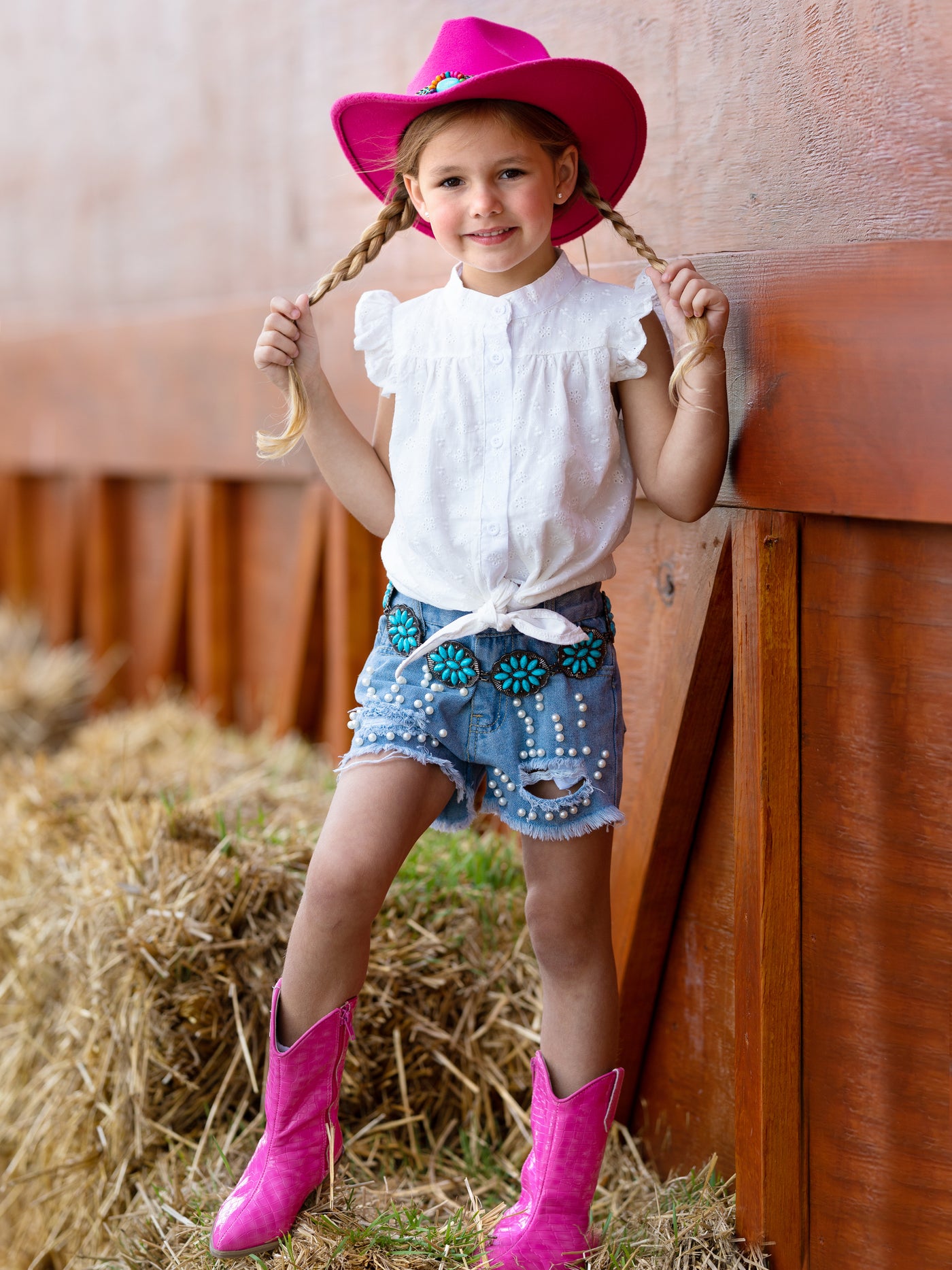 Toddler Spring Outfits | Girls Knot Hem Top & Pearled Denim Shorts Set