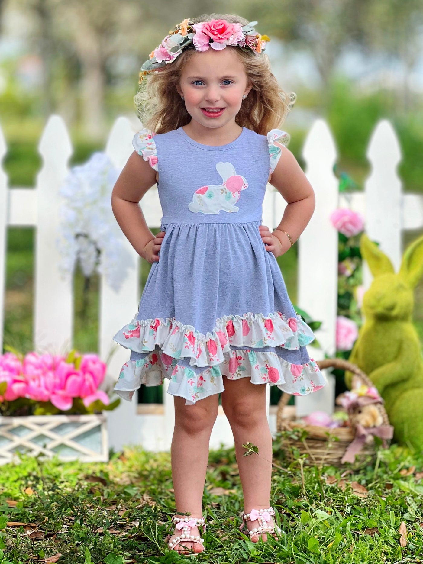Mia Belle Girls Bunny Ruffle Tiered Midi Dress | Easter Dresses