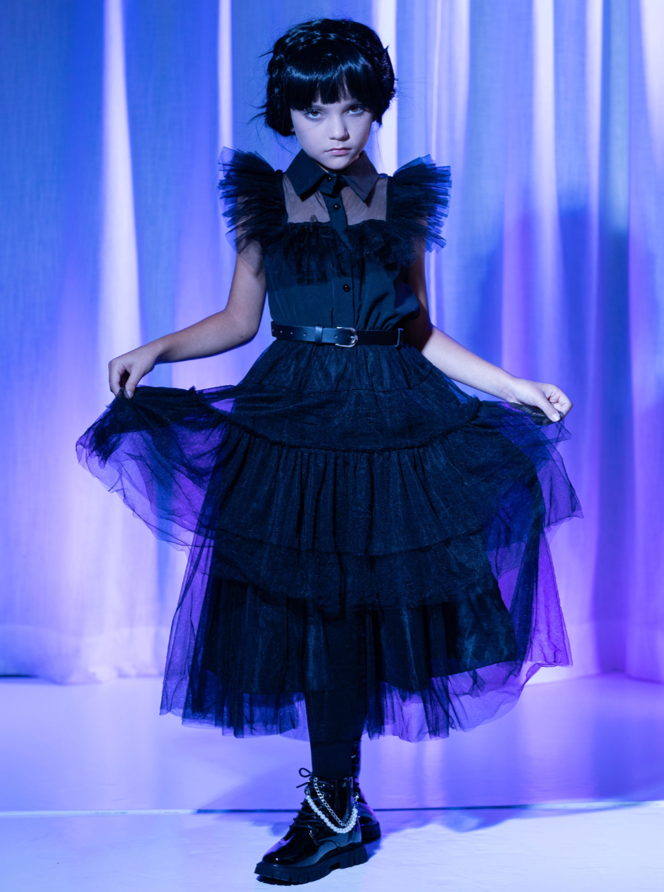 Girls Wednesday Prom Dance Tulle Costume Dress with Belt Black / 7Y Girls Wednesday Prom Dance Tulle Costume Dress with Belt Black / 7Y