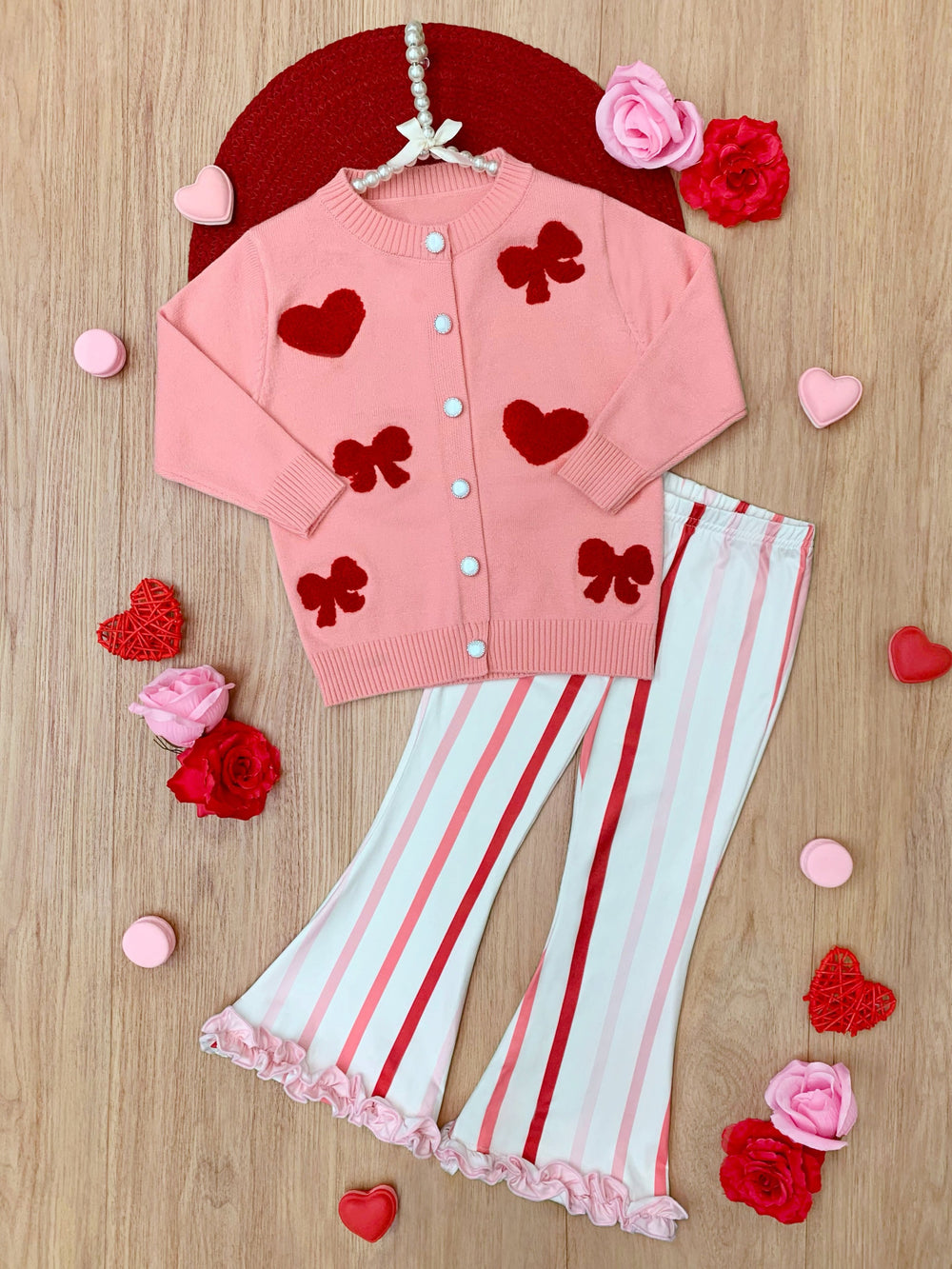 So Girly Embroidered Bow Cardigan and Striped Flare Pant Set