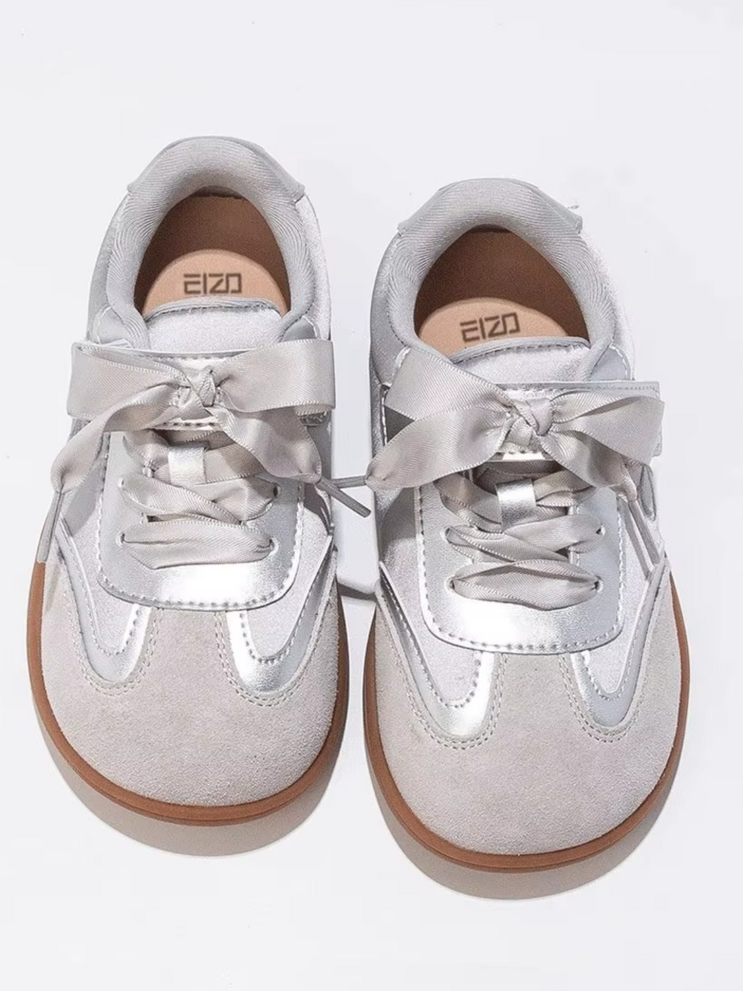 Silver Shine Bow Ribbon Lace Sneakers