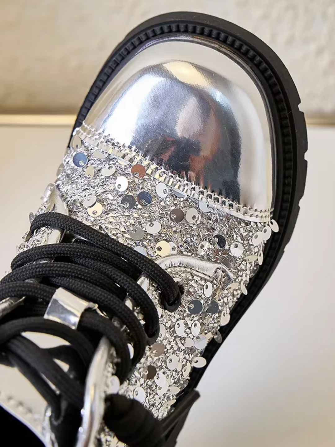 Girls Silver Sequined Combat Boots by Liv and Mia