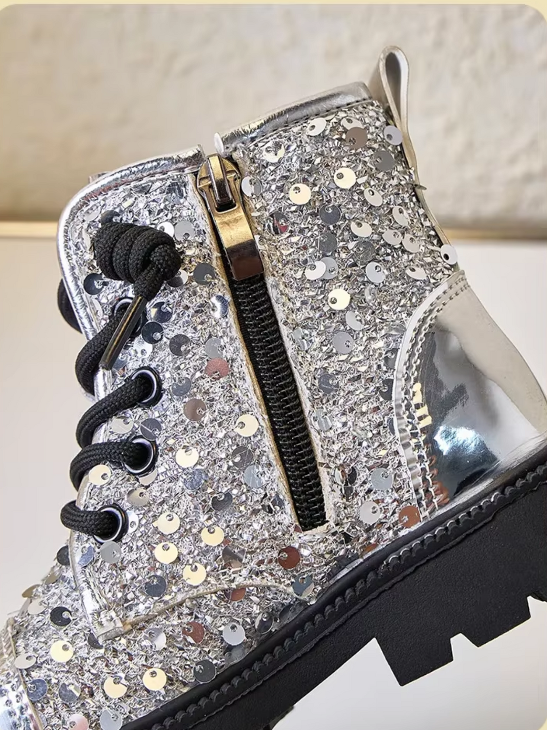 Girls Silver Sequined Combat Boots by Liv and Mia