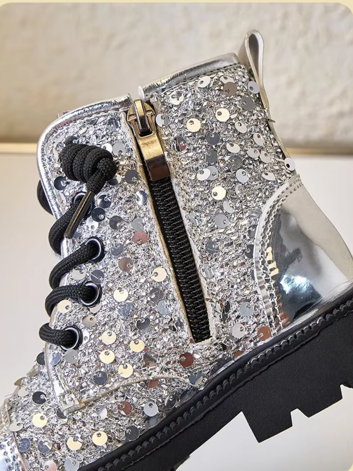 Girls Silver Sequined Combat Boots by Liv and Mia