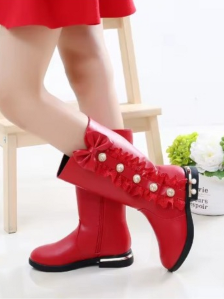 Lacey Red Bow Tie Princess Mid-Calf Boots By Liv and Mia