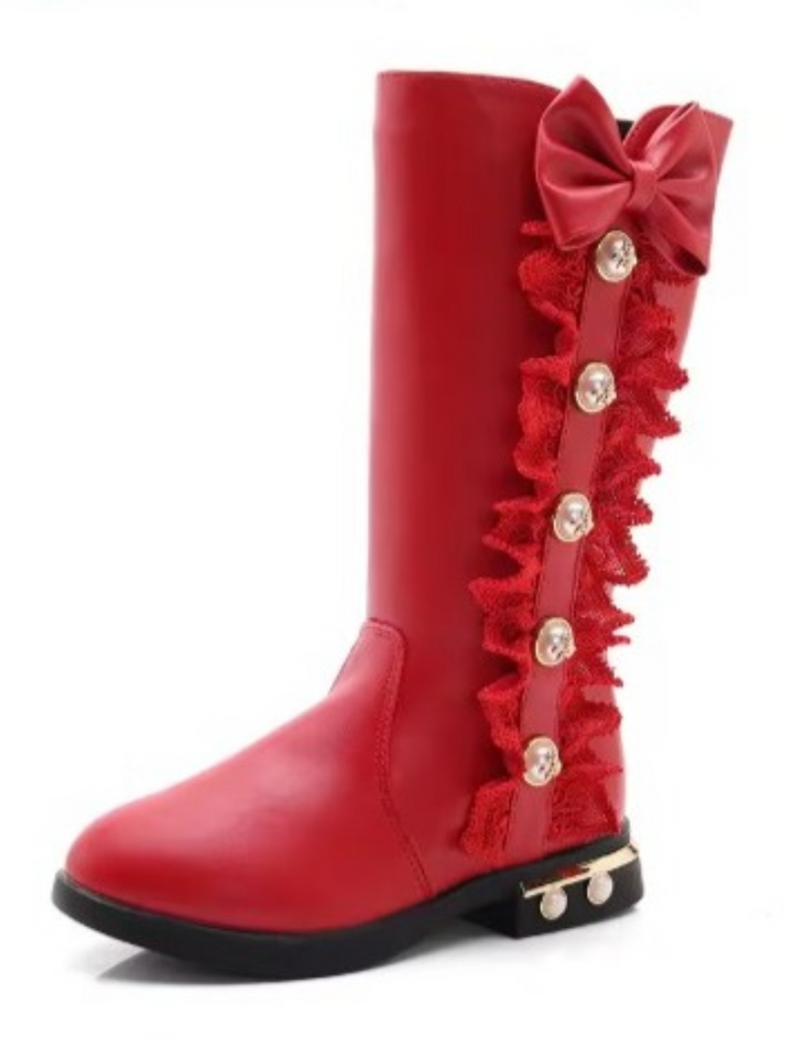 Lacey Red Bow Tie Princess Mid-Calf Boots By Liv and Mia
