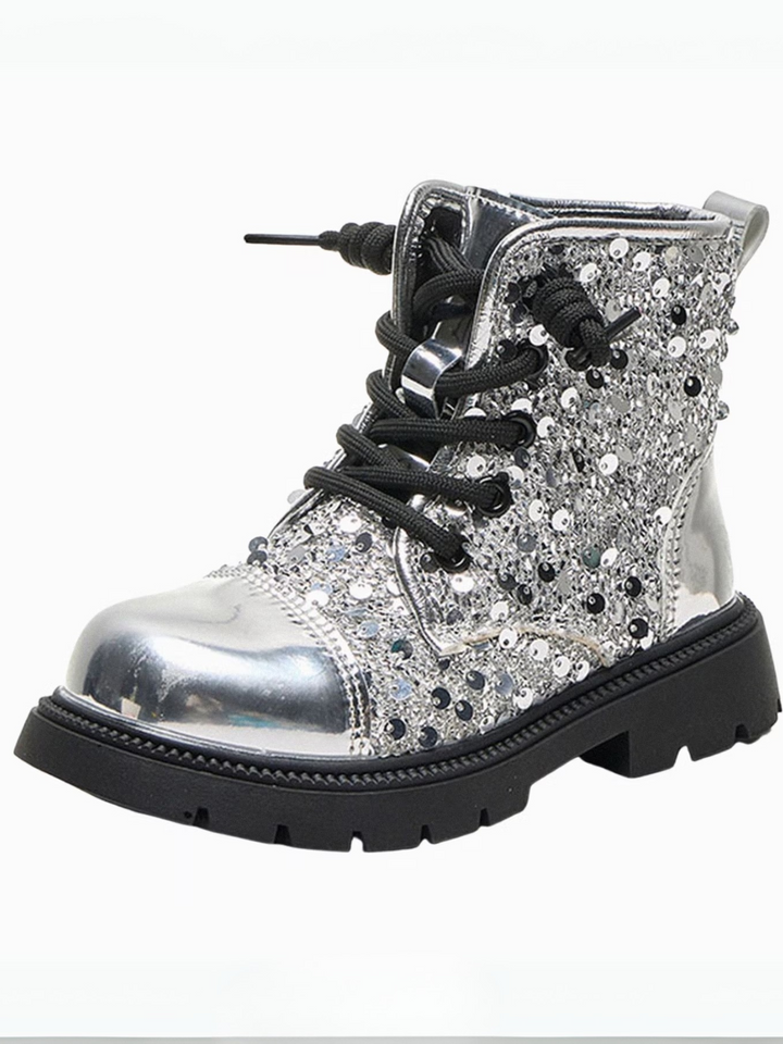 Girls Silver Sequined Combat Boots by Liv and Mia