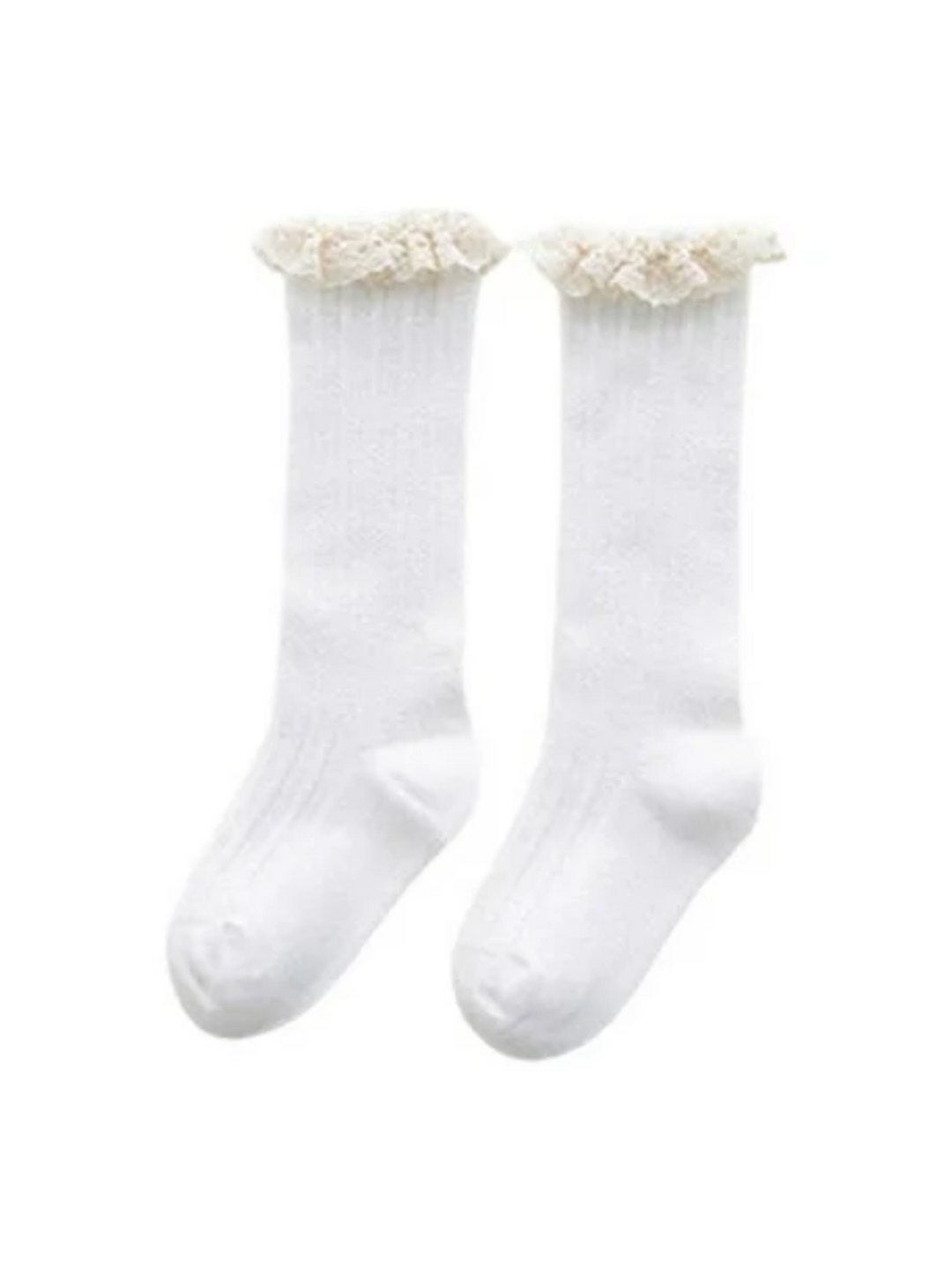 Girls White Cable Knit Lace Trimmed Socks