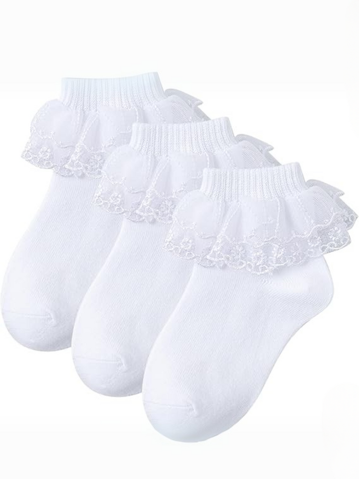 White Cotton Ruffle Ankle Sock Set of 3