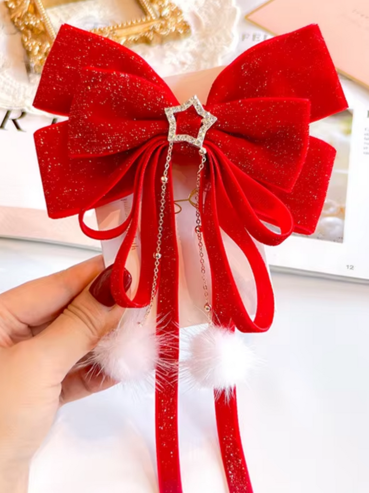 Red & Gold Velvet Bow Hair Clip