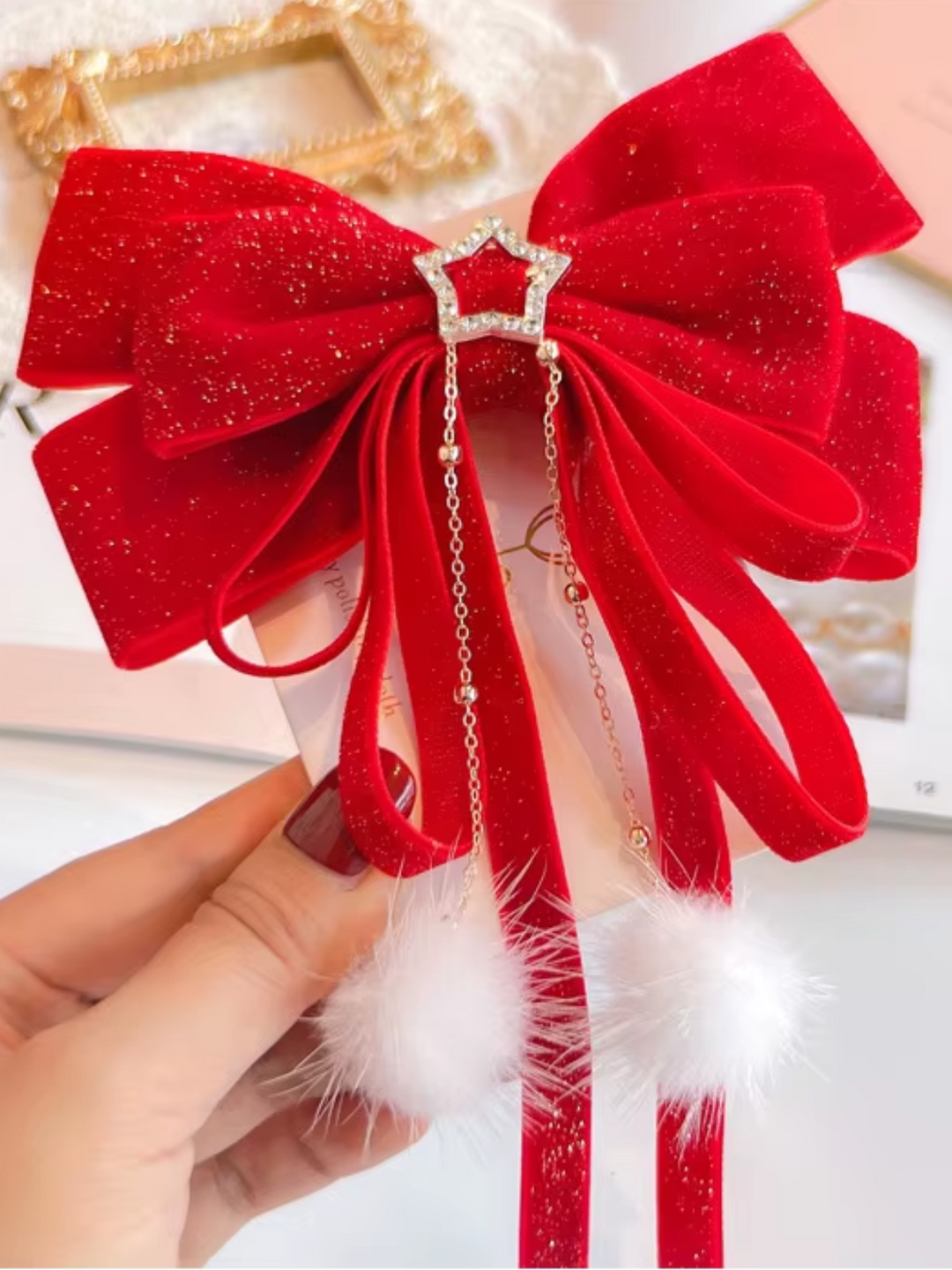 Red & Gold Velvet Bow Hair Clip