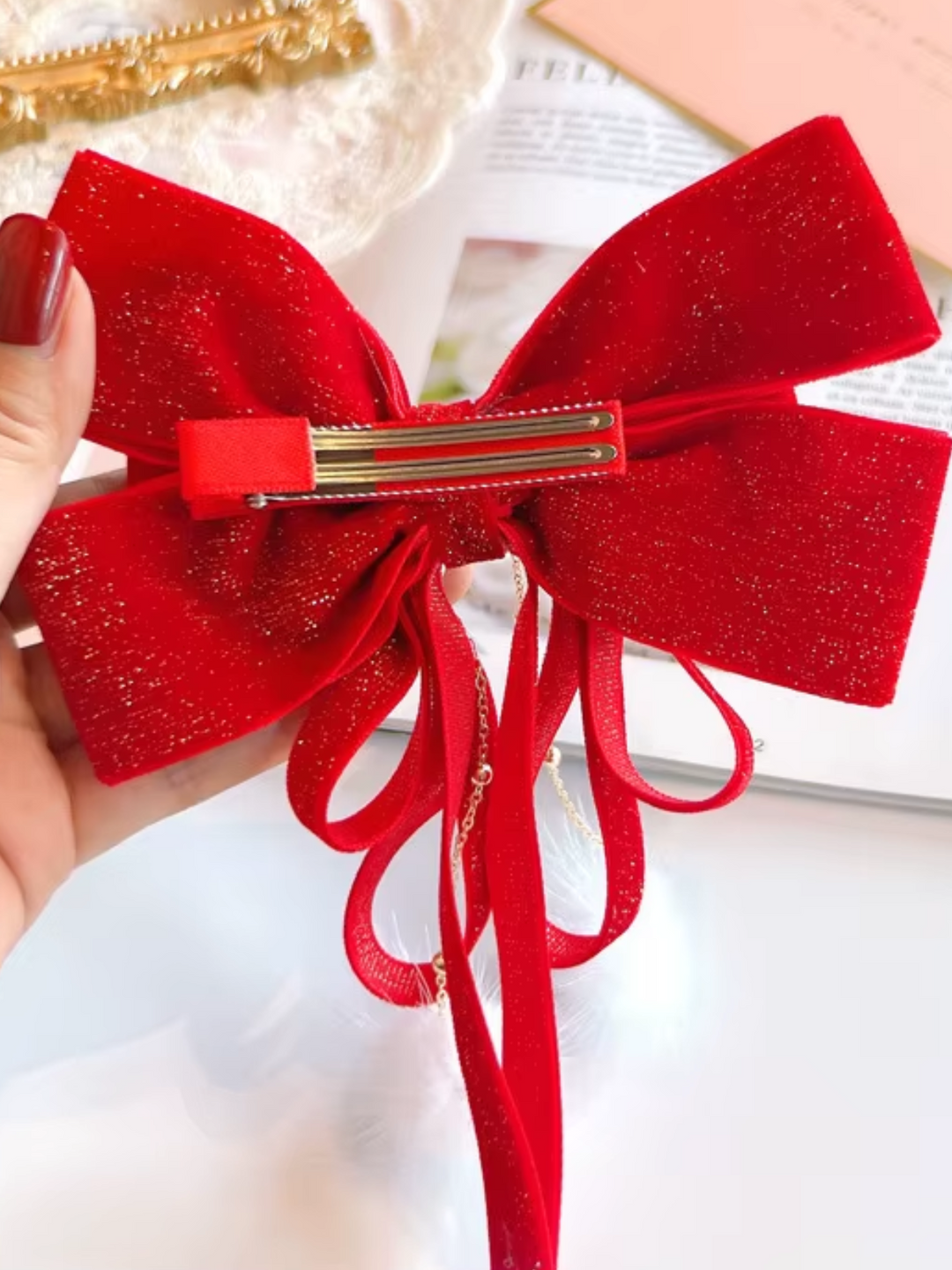 Red & Gold Velvet Bow Hair Clip