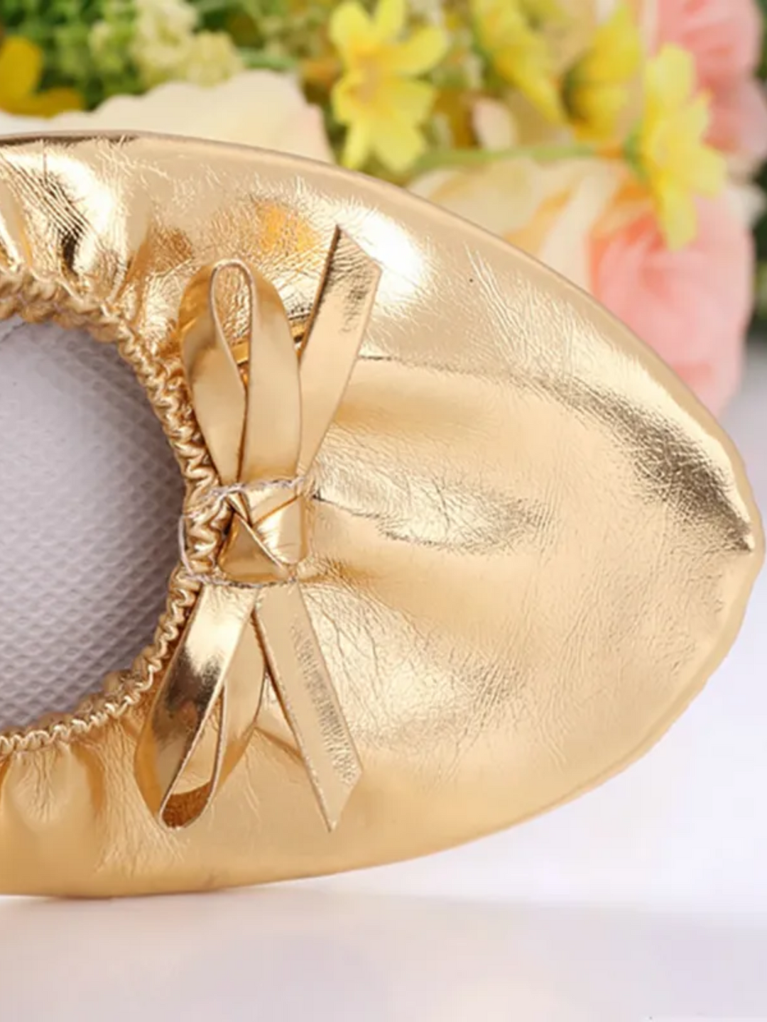 Gold Bowknot Leather Ballet Flats