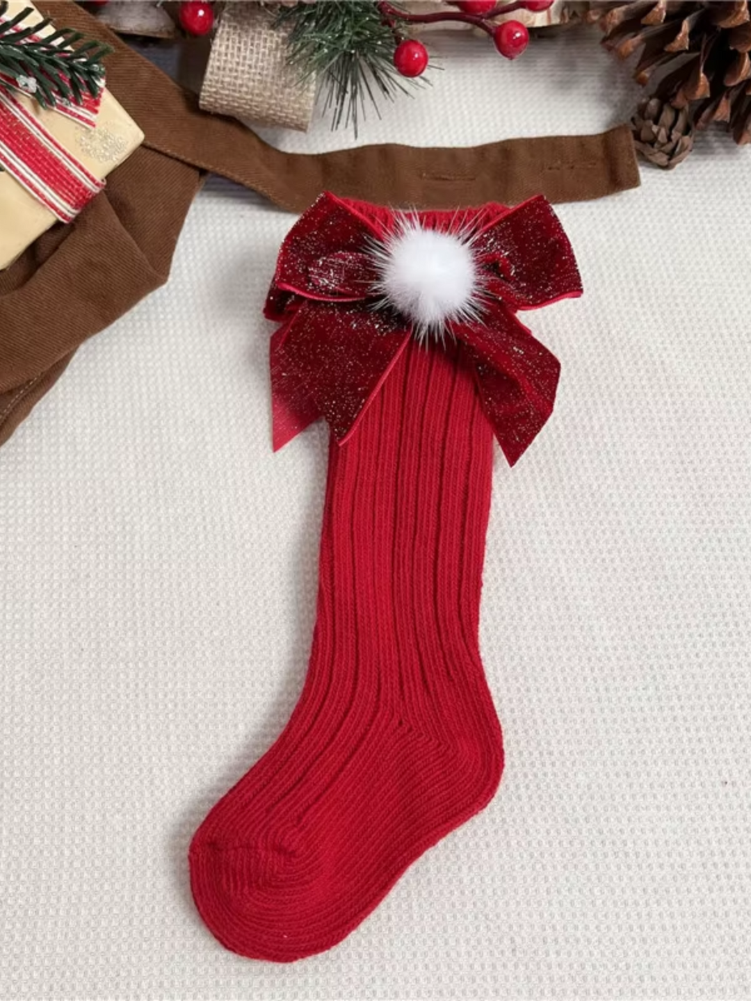 Red Christmas Bow Knee High Socks