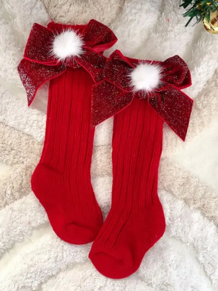 Red Christmas Bow Knee High Socks