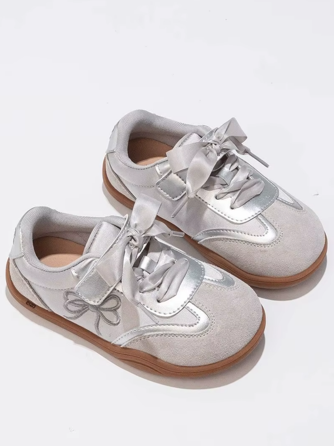 Silver Shine Bow Ribbon Lace Sneakers