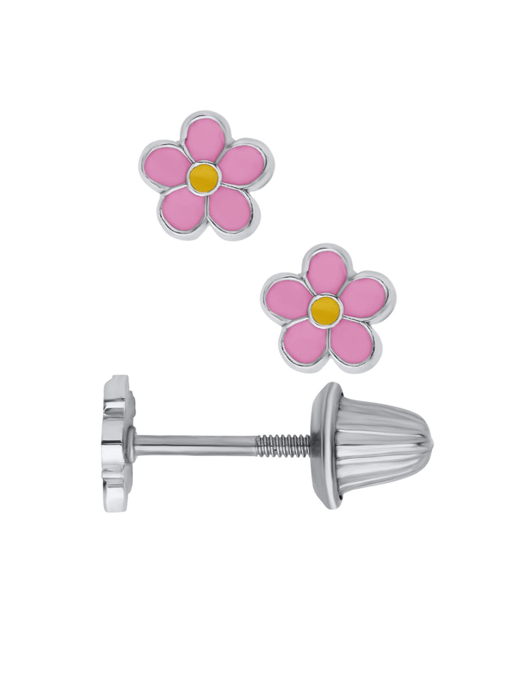 Pink Daisy Flower Silver Stud Earrings
