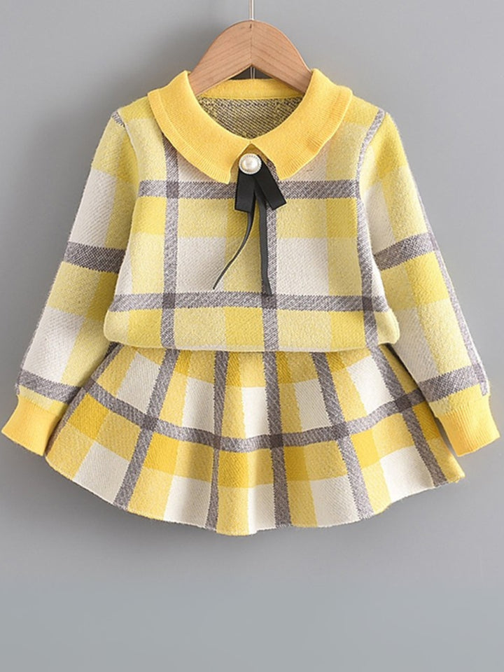 Sweet Plaid Knit Bow Top & Skirt Set