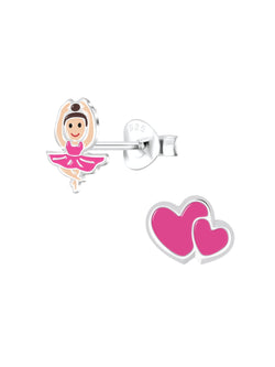 Sterling Silver Stud Earrings Heart and Ballerina