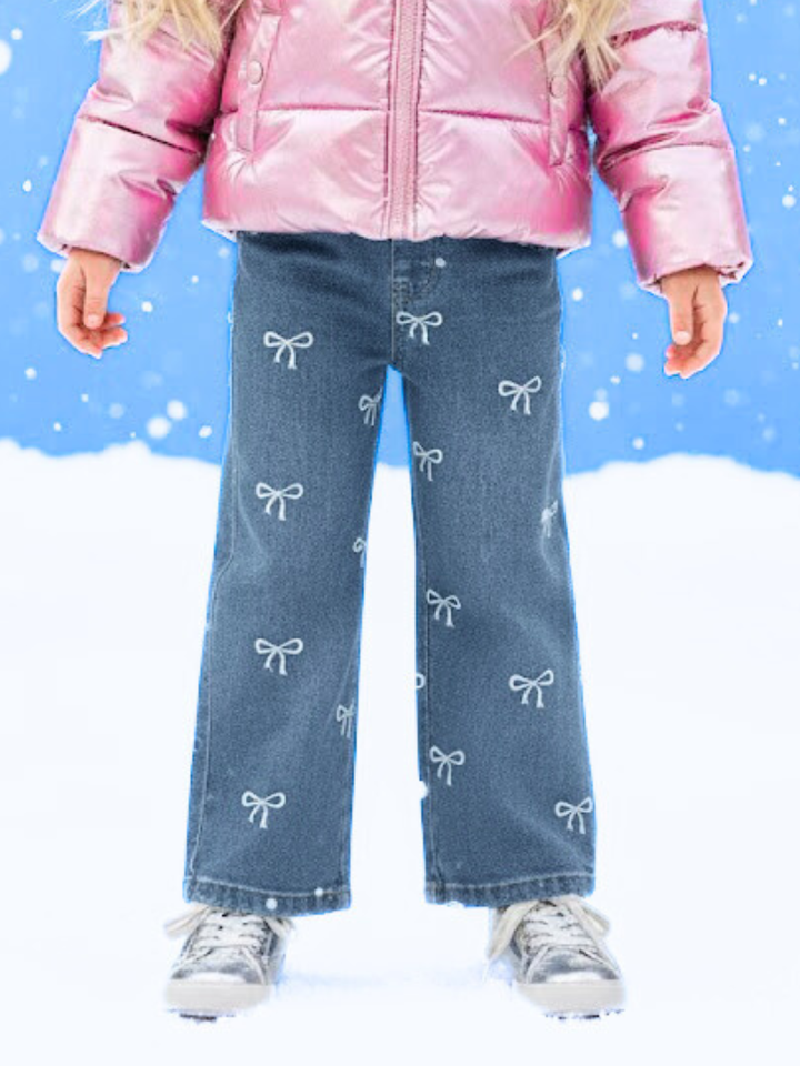 Girls Bow Print Wide Leg Jeans