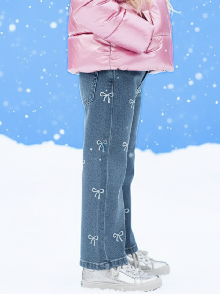 Girls Bow Print Wide Leg Jeans