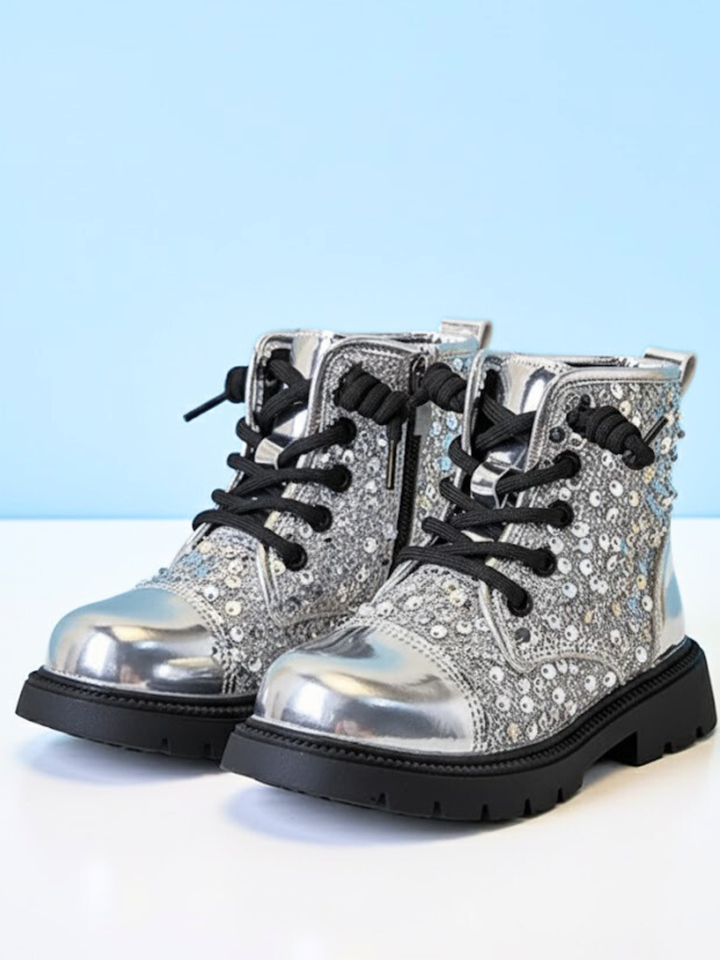 Girls Silver Sequined Combat Boots by Liv and Mia