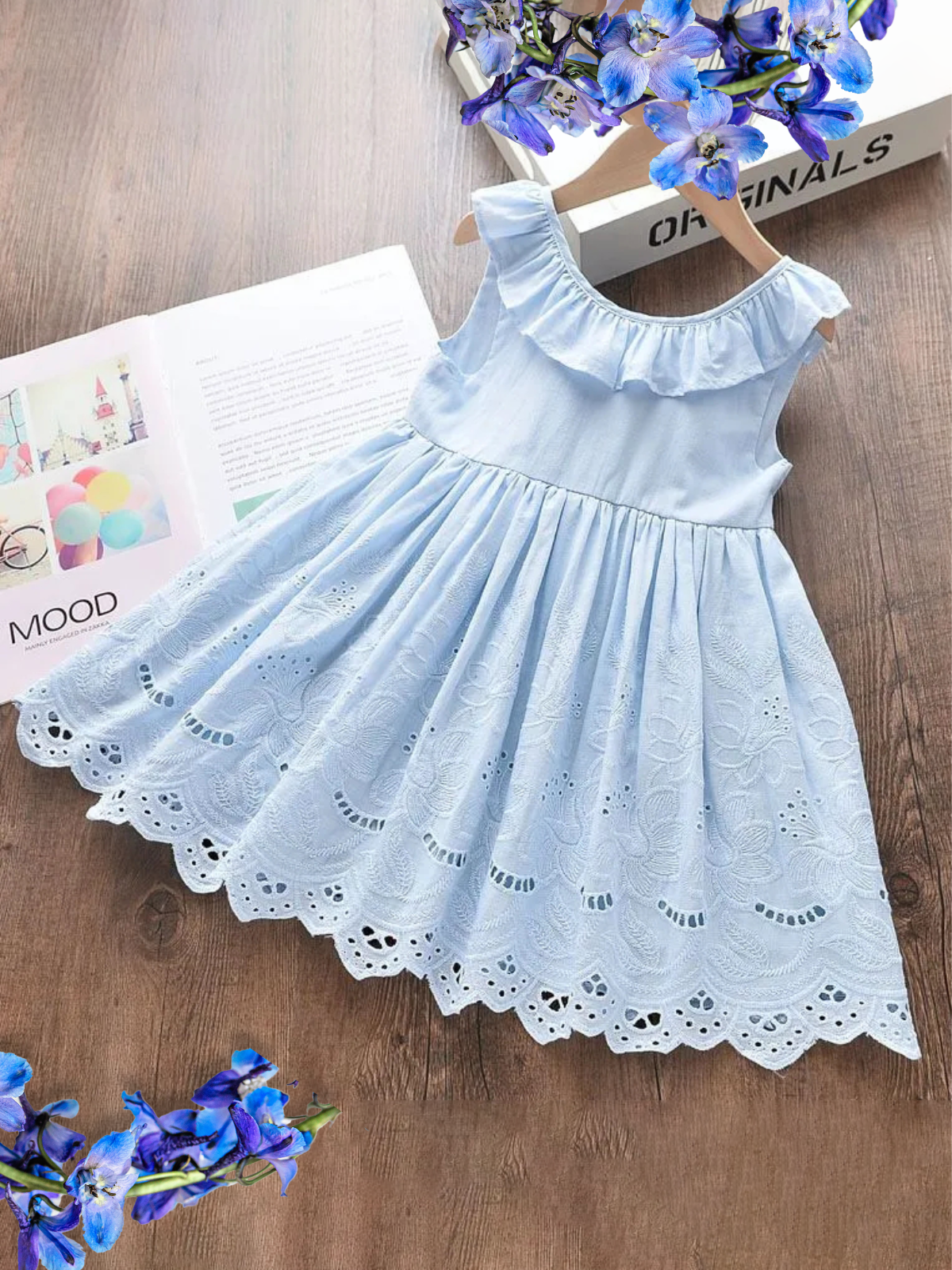Girls Casual Spring Dresses | Sleeveless Blue Ruffle Eyelet Dress Mia Belle Girls Girls Casual Spring Dresses | Sleeveless Blue Ruffle Eyelet Dress Mia Belle Girls