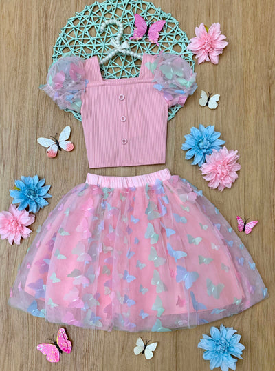 Mia Belle Girls Butterfly Tulle Skirt Set | Girls Spring Outfits