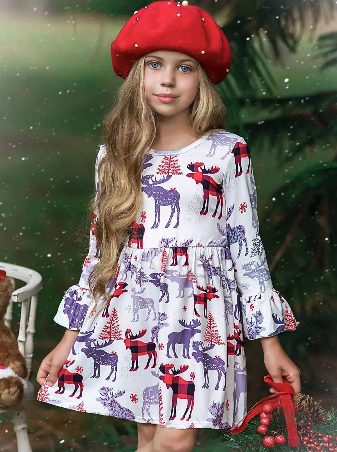 Cute Winter Dress | Girls Winter Reindeer & Moose A-Line Ruffle Dress Mia Belle Girls Cute Winter Dress | Girls Winter Reindeer & Moose A-Line Ruffle Dress Mia Belle Girls
